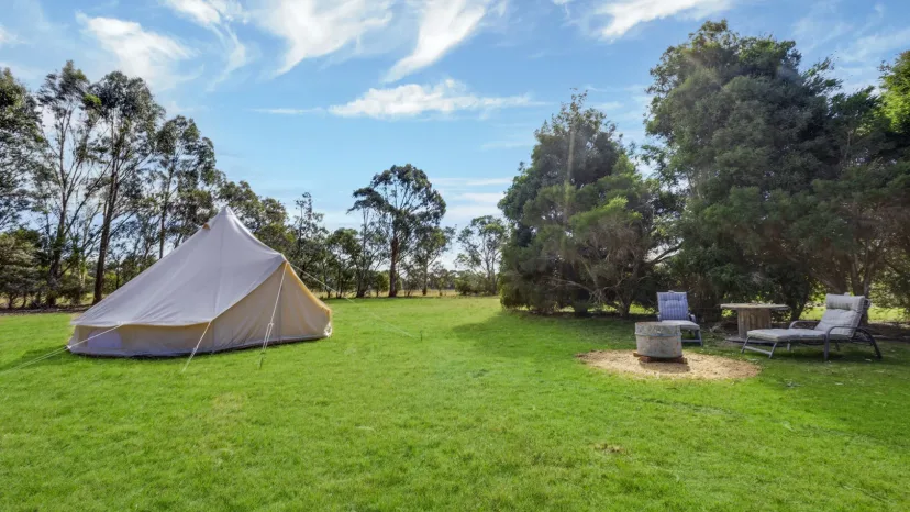 The Stargazer glamping bell tent on the grass, with trees behind