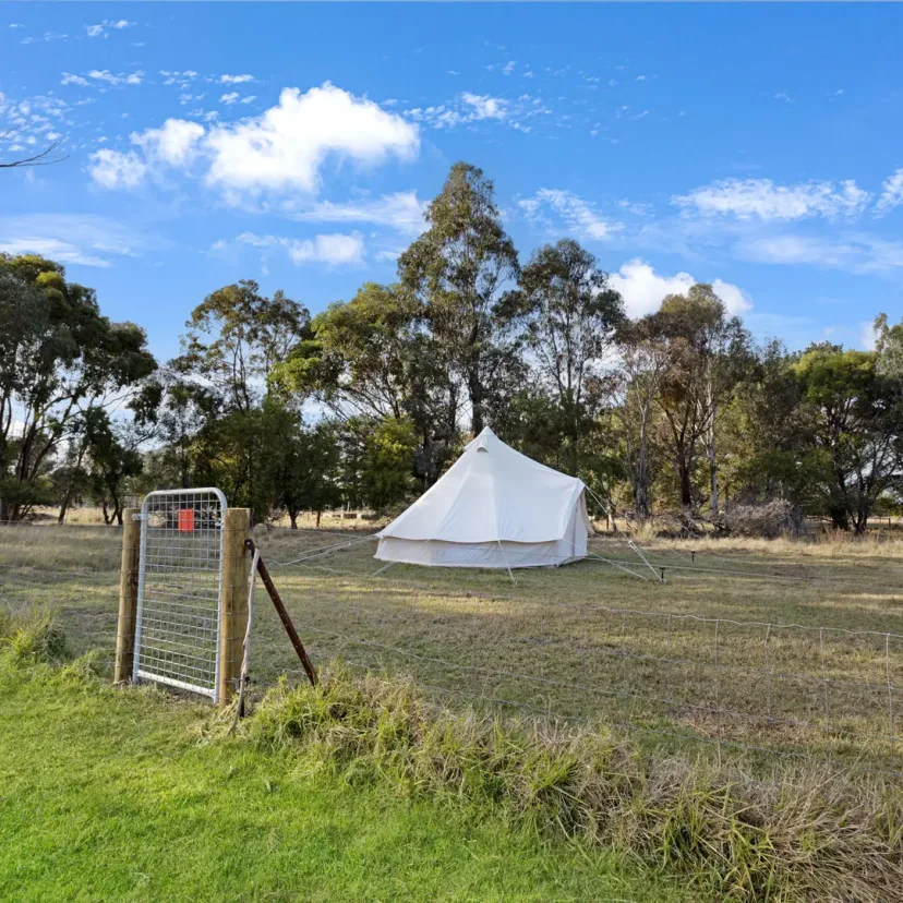 Interior and grounds at the Wanderlust glamping tent, Eagle Point Cottages