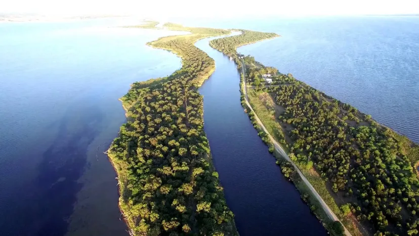 Aerial view of the Mitchell River silt jetties reaching out into Lake King