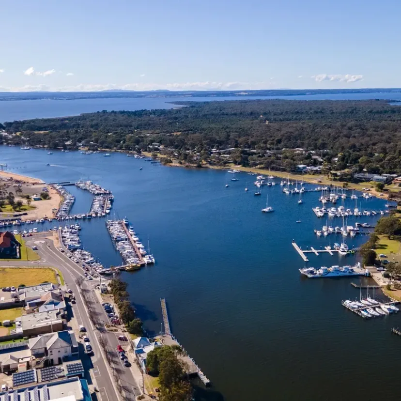Paynesville and its canals from the air on a clear day
