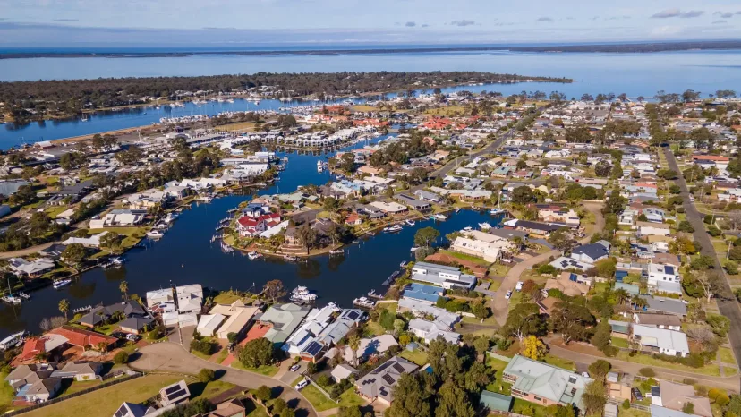 Aerial view of Paynesville and its canals on the Gippsland Lakes