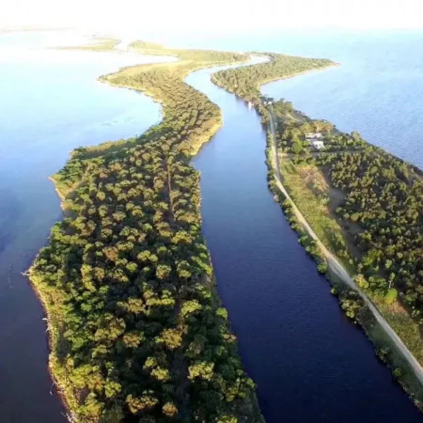 The silt jetties running out into the lake, seen from above