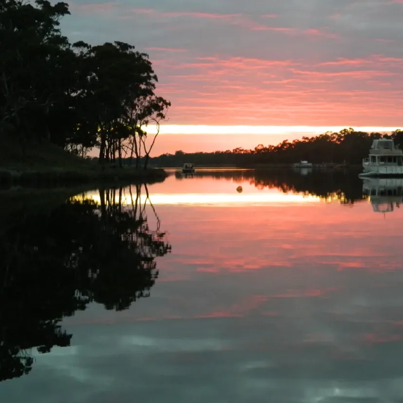 A vivid pink sunset behind the lake gums with moored houseboats